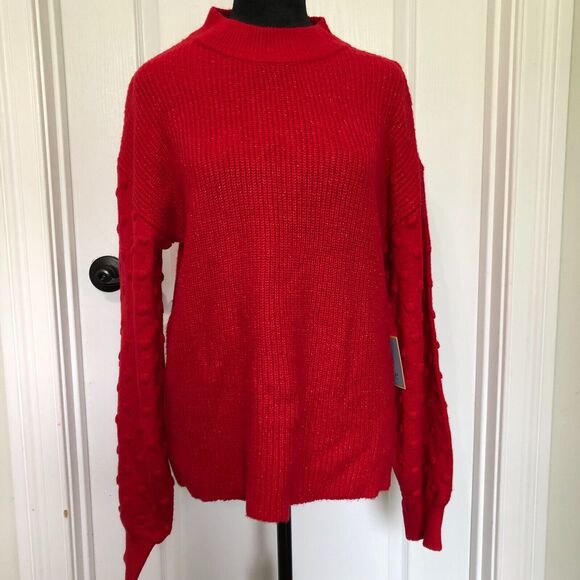 Cece Womens Sweater L Luminous‎ Red Crewneck Bobble Textured Knit NWT - Picture 2 of 5